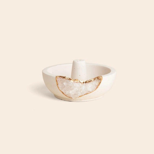 White & Gold Natural Quartz Geode Incense Holder