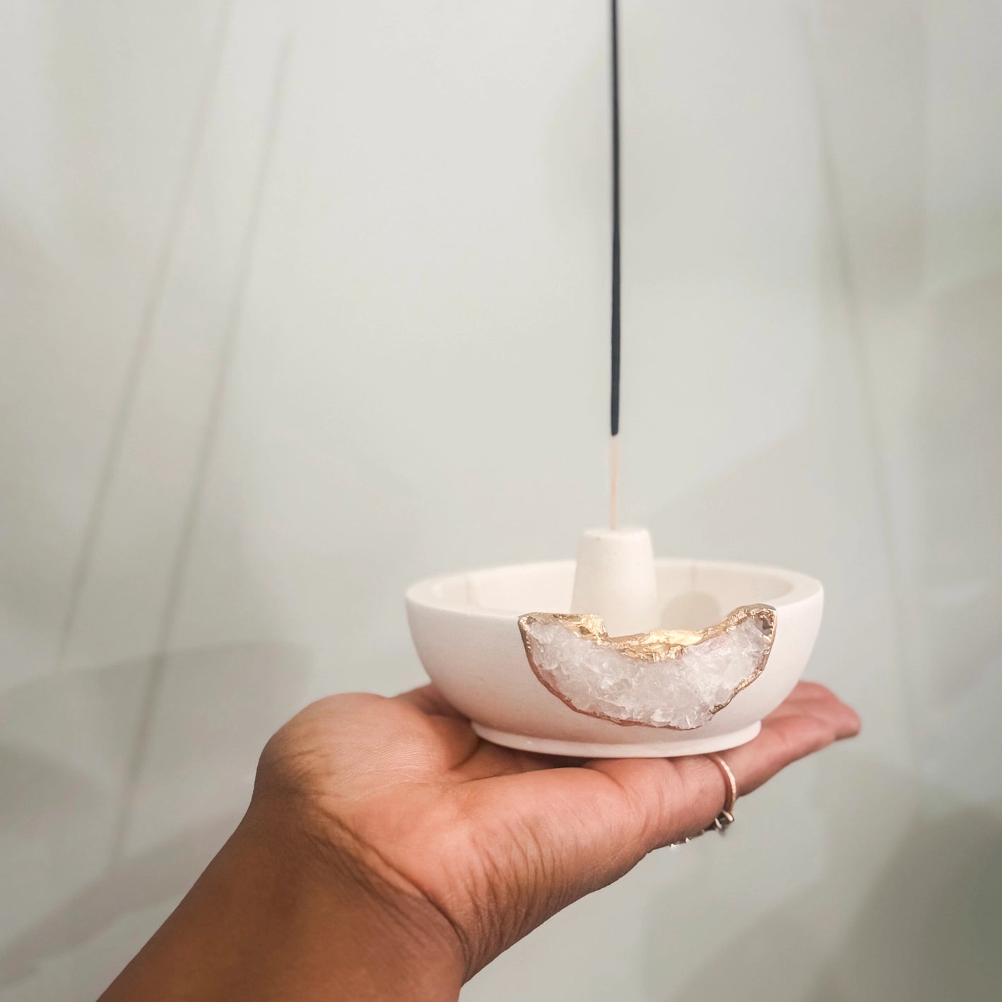 White & Gold Natural Quartz Geode Incense Holder